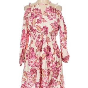 Floral Cold-Shoulder Mini Dress in Cream and Pink